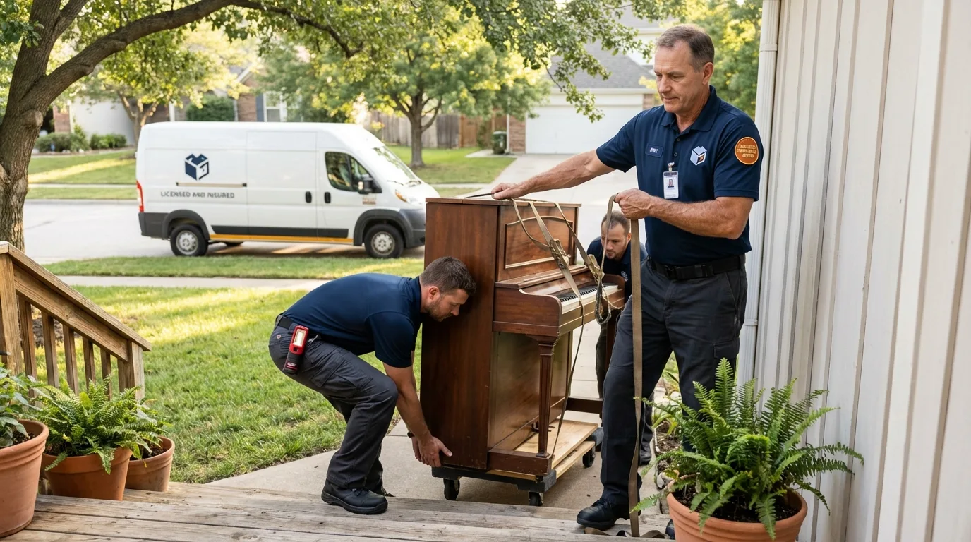 Licensed piano movers securing grand piano in Mancelona, MI