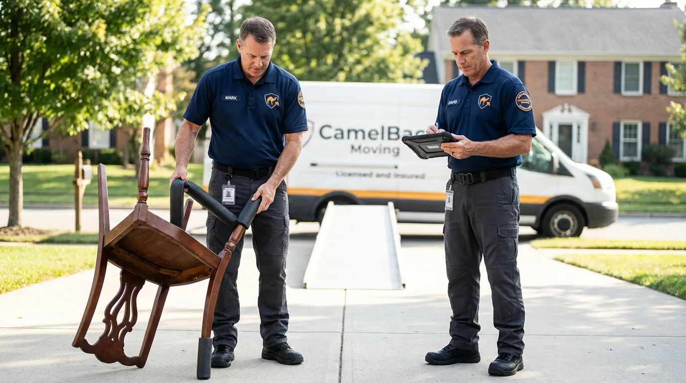 Movers inspecting furniture for damage prevention before loading in Mancelona, MI
