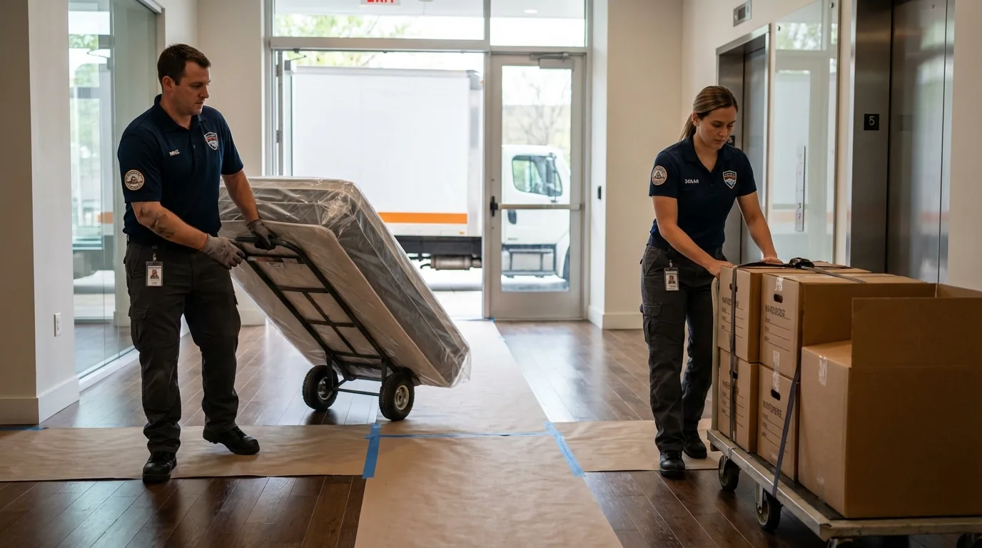 Professional apartment movers loading elevator in Mancelona, MI