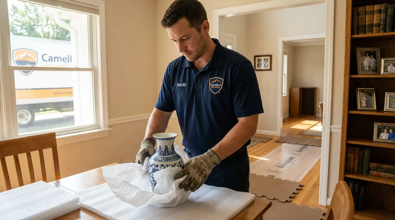 Professional crew carefully wrapping antique vase for senior downsizing move in Mancelona, MI