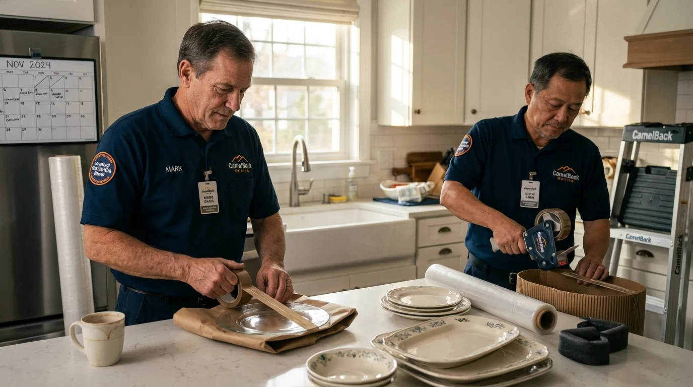 Professional crew packing kitchen dishware in Mancelona, MI